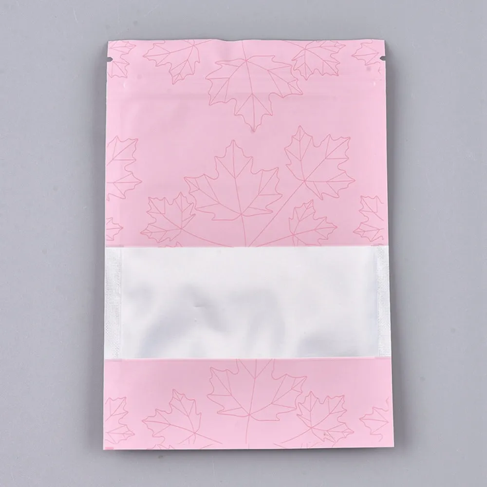 10 pc Plastic Zip Lock Bags, Resealable Aluminum Foil Pouch, Food Storage Bags, Rectangle, Maple Leave Pattern, Hot Pink, 15.1x10.1cm, Unilateral Thickness: 3.9 Mil(0.1mm)