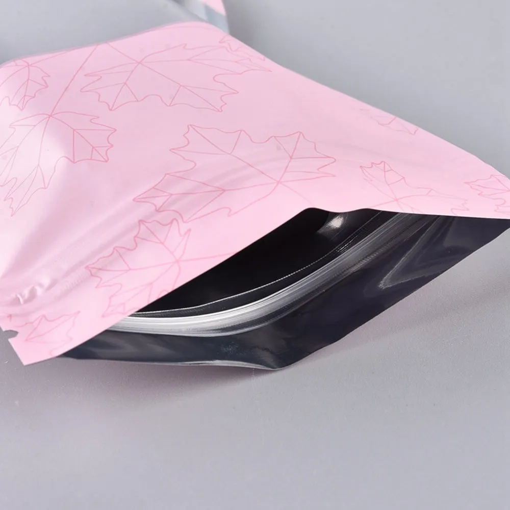 10 pc Plastic Zip Lock Bags, Resealable Aluminum Foil Pouch, Food Storage Bags, Rectangle, Maple Leave Pattern, Hot Pink, 15.1x10.1cm, Unilateral Thickness: 3.9 Mil(0.1mm)
