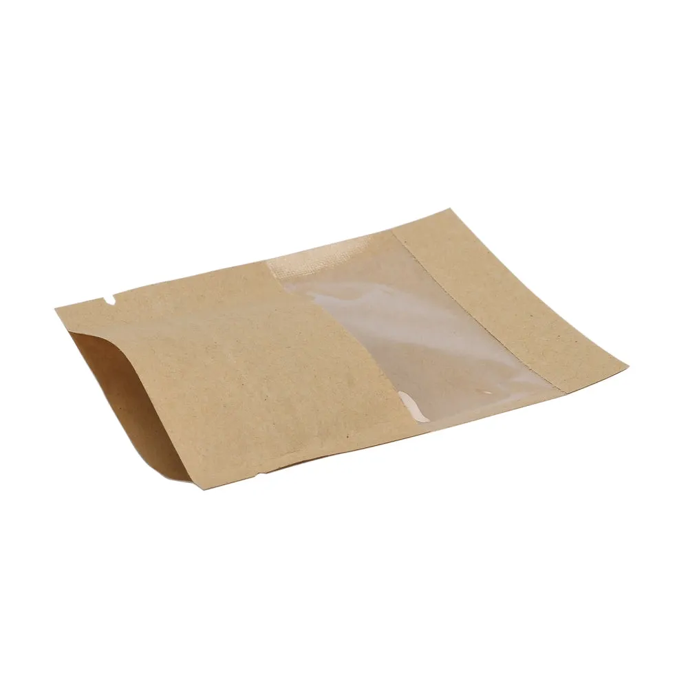 100 pc Kraft Paper Open Top Zip Lock Bags, Food Storage Bags, Sealable Pouches, for Storage Packaging, with Tear Notches, Rectangle, Camel, 9.1x7x0.15cm, Inner Measure: 6cm, Window: 7x3cm, Unilateral Thickness: 4.7 Mil(0.12mm)