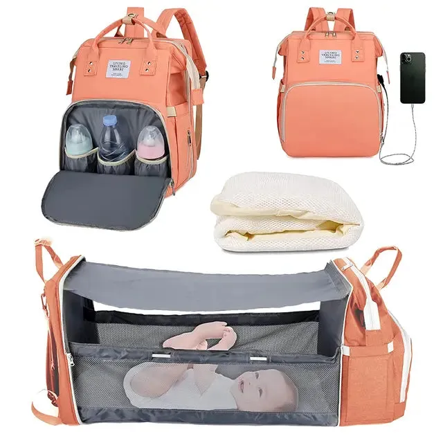 3-in-1 Diaper Bag Backpack with Foldable Bed and USB Charger