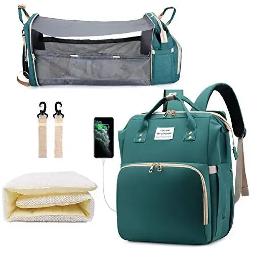 3-in-1 Diaper Bag Backpack with Foldable Bed and USB Charger