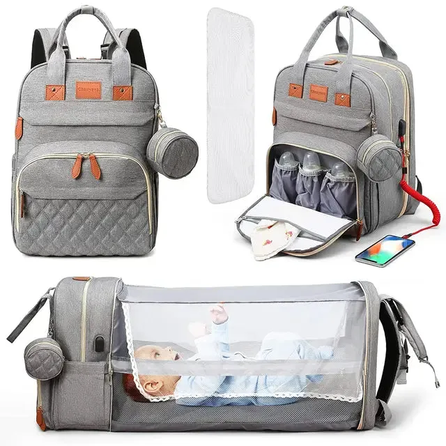3-in-1 Diaper Bag Backpack with Foldable Bed and USB Charger