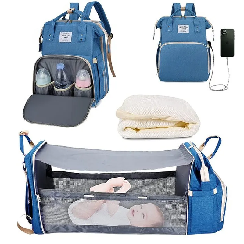 3-in-1 Diaper Bag Backpack with Foldable Bed and USB Charger