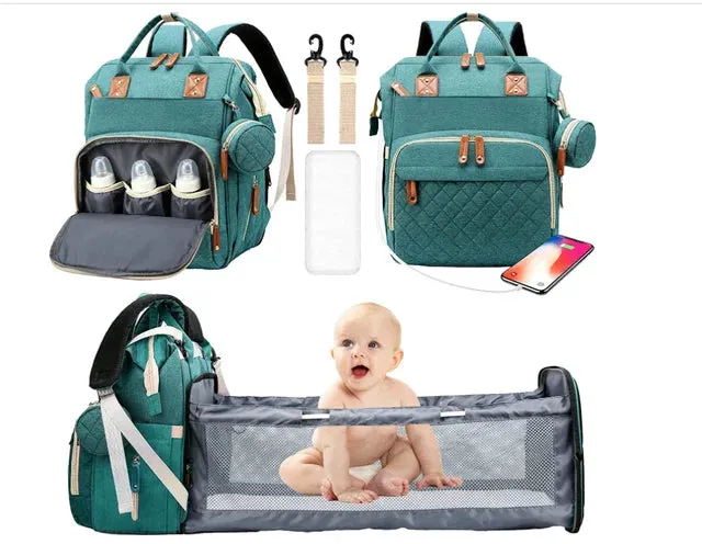 3-in-1 Diaper Bag Backpack with Foldable Bed and USB Charger