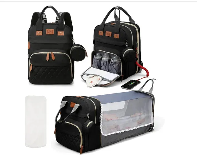 3-in-1 Diaper Bag Backpack with Foldable Bed and USB Charger