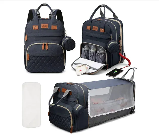3-in-1 Diaper Bag Backpack with Foldable Bed and USB Charger