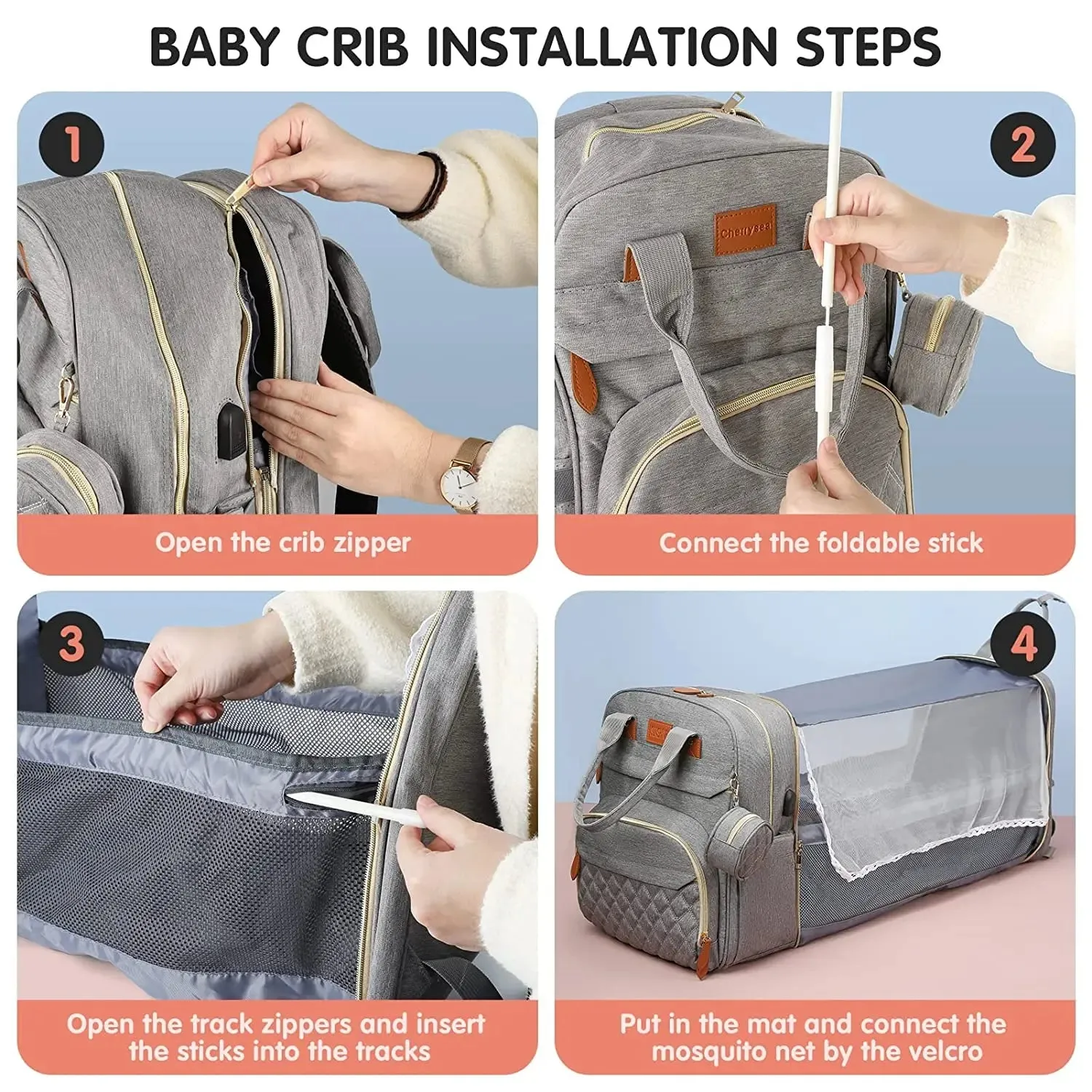3-in-1 Diaper Bag Backpack with Foldable Bed and USB Charger