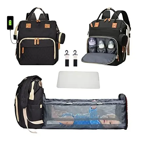 3-in-1 Diaper Bag Backpack with Foldable Bed and USB Charger