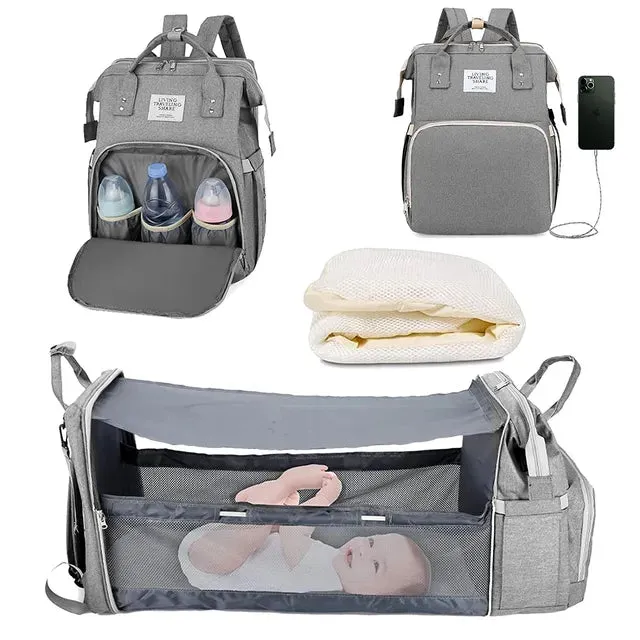 3-in-1 Diaper Bag Backpack with Foldable Bed and USB Charger