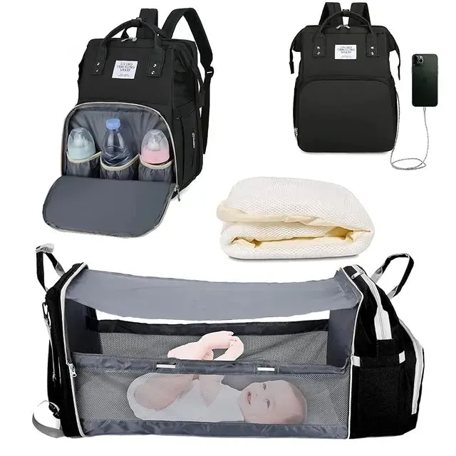 3-in-1 Diaper Bag Backpack with Foldable Bed and USB Charger