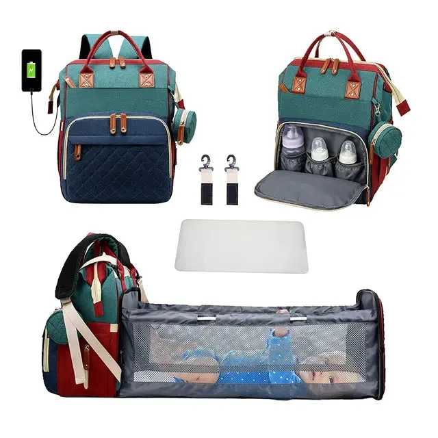 3-in-1 Diaper Bag Backpack with Foldable Bed and USB Charger