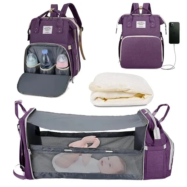 3-in-1 Diaper Bag Backpack with Foldable Bed and USB Charger