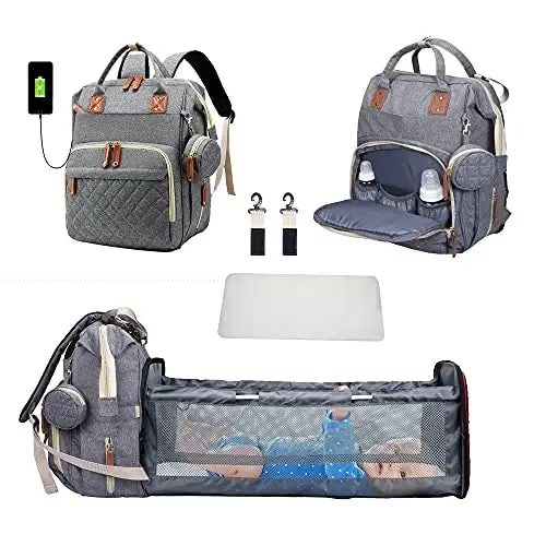 3-in-1 Diaper Bag Backpack with Foldable Bed and USB Charger