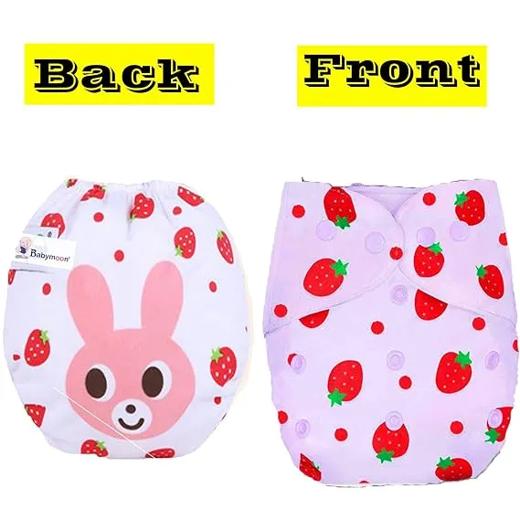 Babymoon | Set of 2 | 1 Cloth Diaper with 5Layers Grey Insert Premium Adjustable Reusable Cloth Diaper | Strawberry