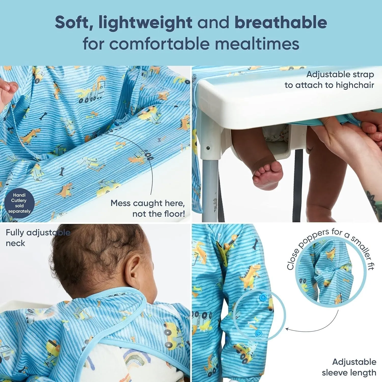 Bibado Long-Sleeve Coverall Weaning Bib Speedy Dinos Turquoise
