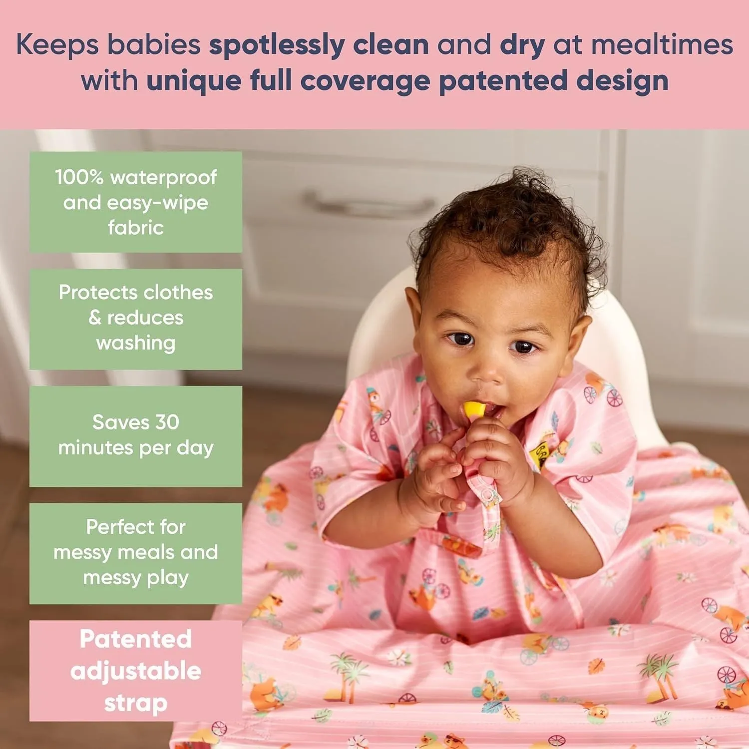 Bibado Short-Sleeve Coverall Weaning Bib Teddy Bear Pink