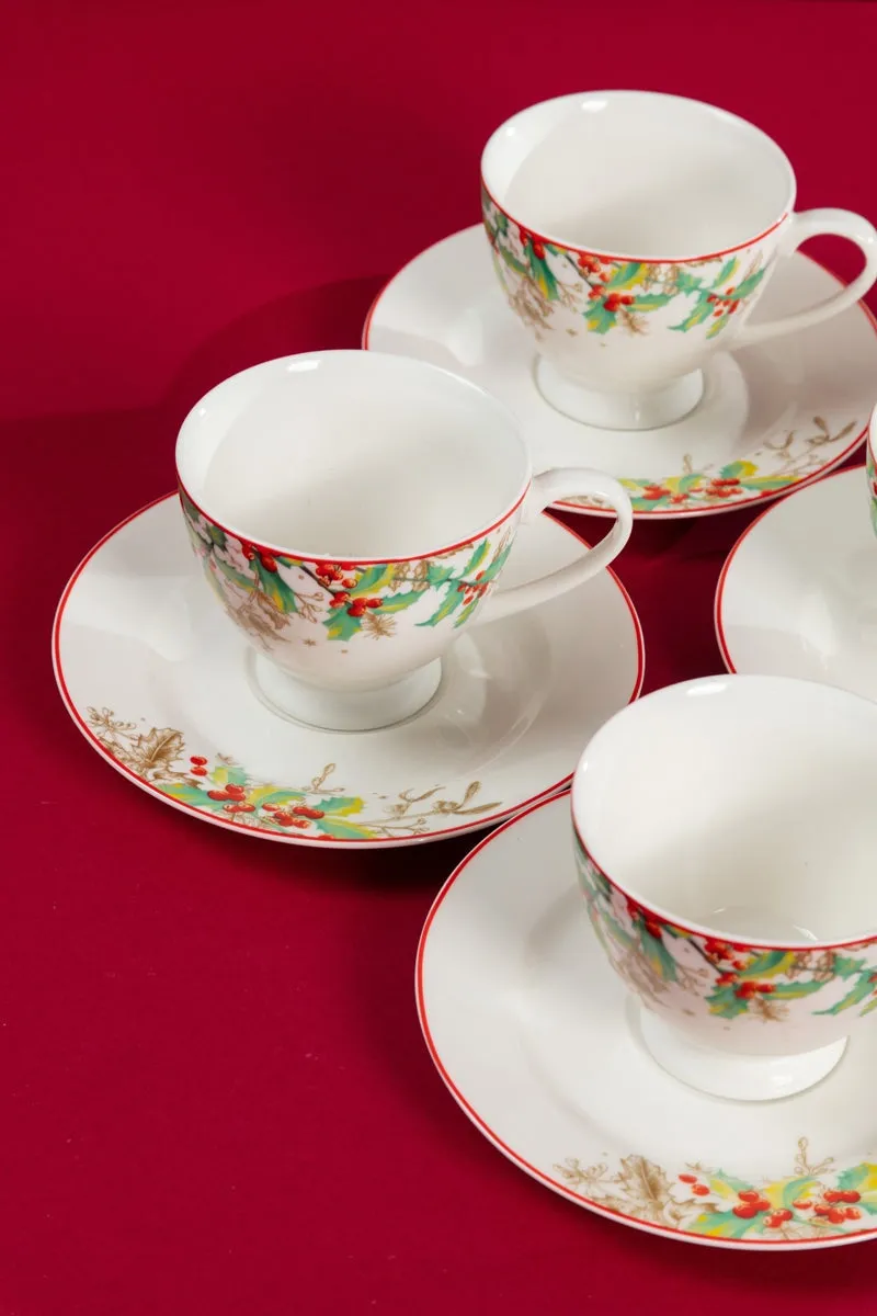 Christmas Holly Cup and Saucer Set of 4
