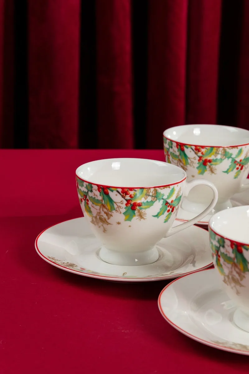 Christmas Holly Cup and Saucer Set of 4