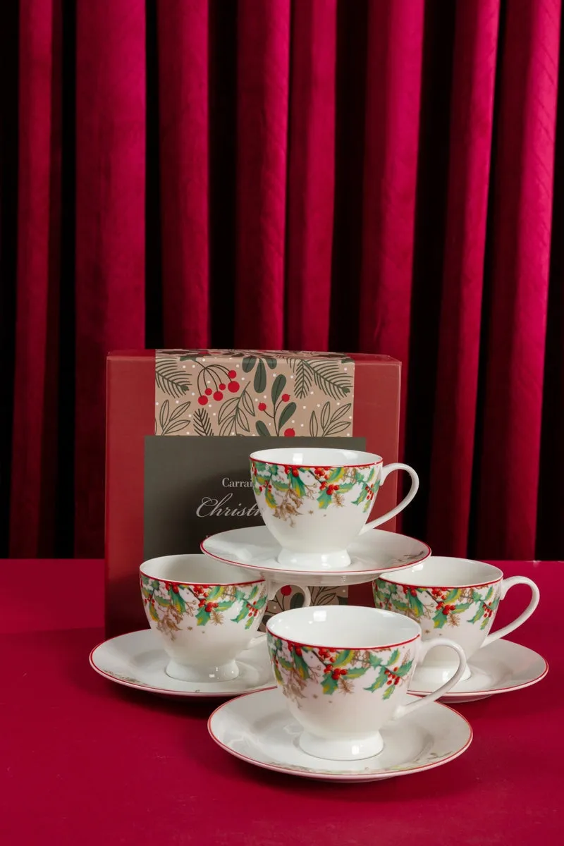 Christmas Holly Cup and Saucer Set of 4