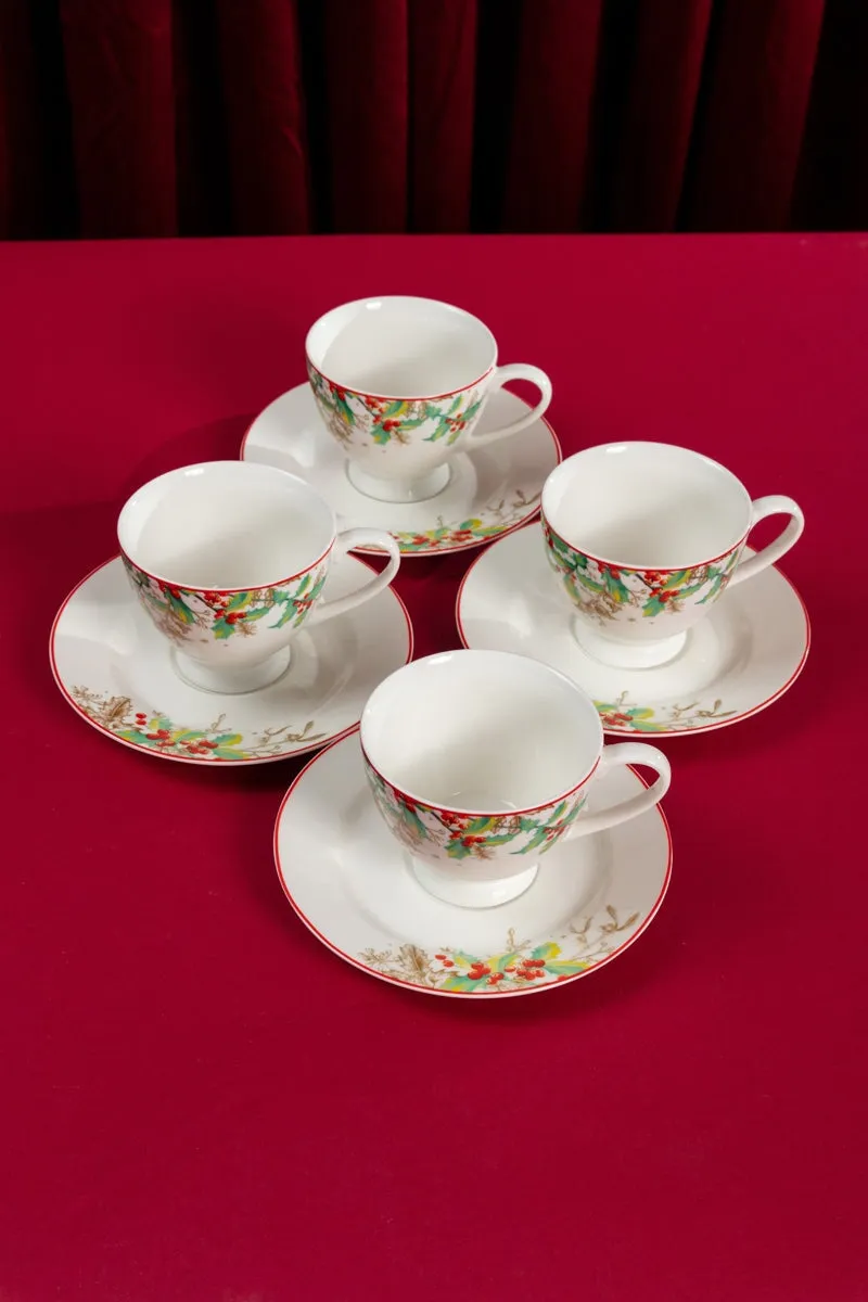 Christmas Holly Cup and Saucer Set of 4