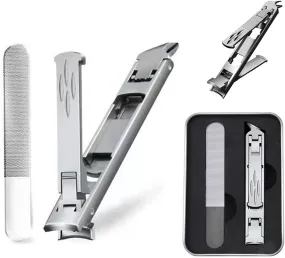 Foldable Double-Ended Nail Clipper Tool,Wide Jaw Opening Cutter With Safety Lock Double Head Curved and Slanted Trimmer,Fingernail Clippers & Nail File with Storage Box for Thick Nails (Sliver)