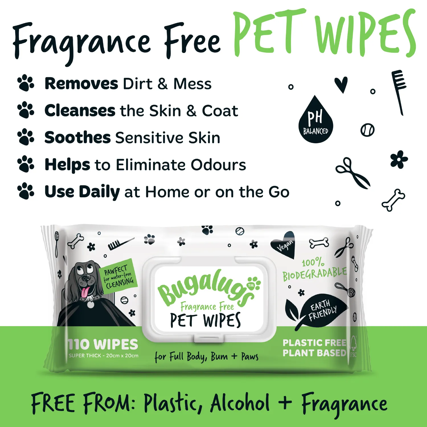 Fragrance Free Pet Wipes for Full Body, Bum & Paws (110)