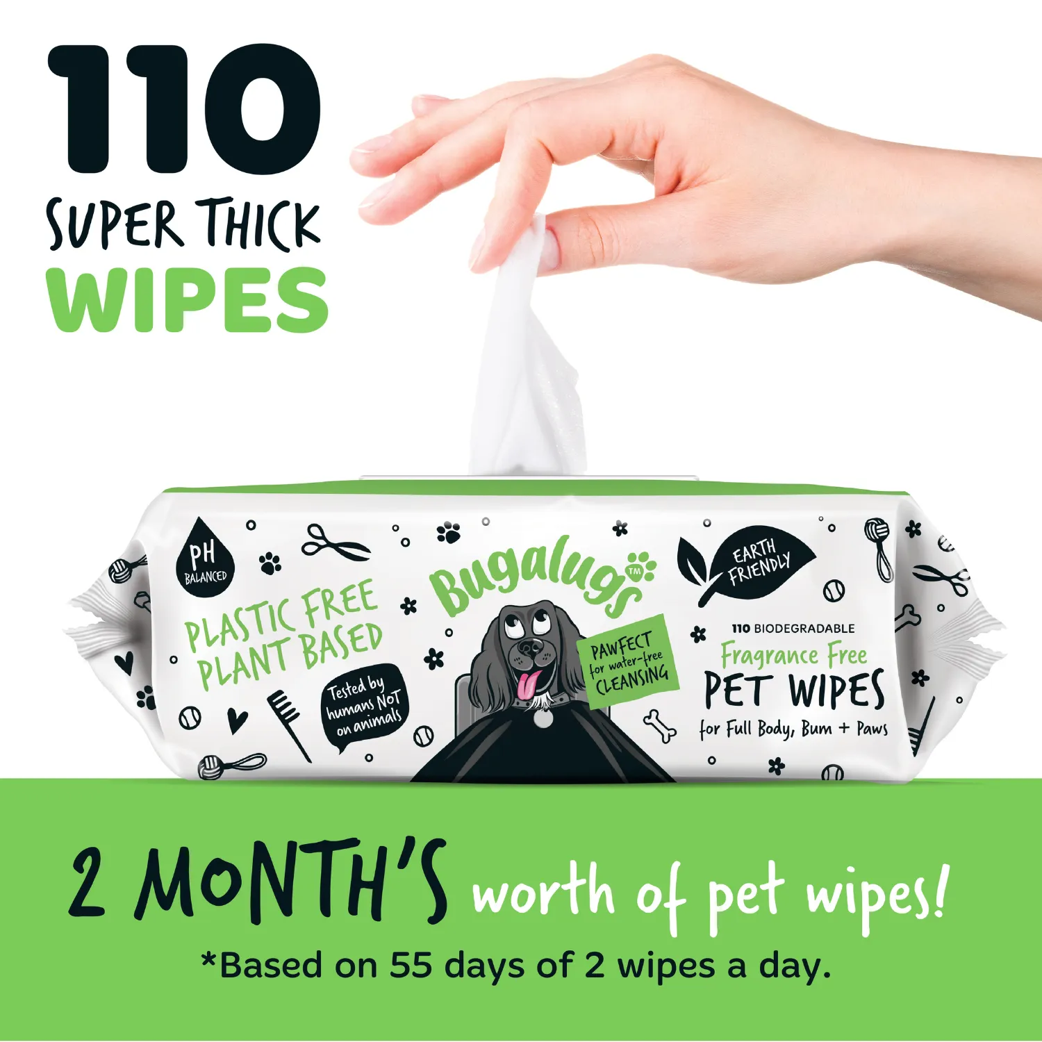 Fragrance Free Pet Wipes for Full Body, Bum & Paws (110)