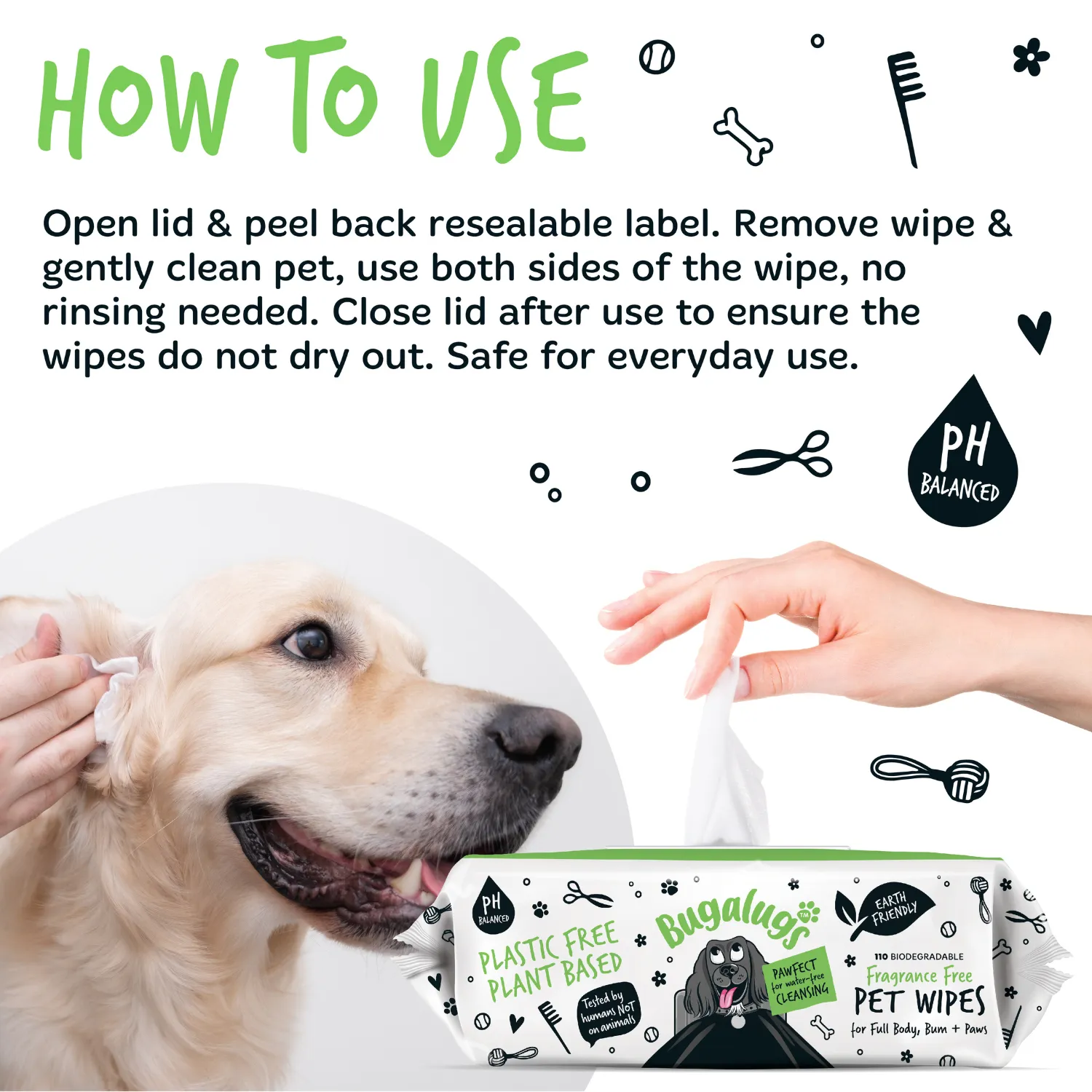 Fragrance Free Pet Wipes for Full Body, Bum & Paws (110)