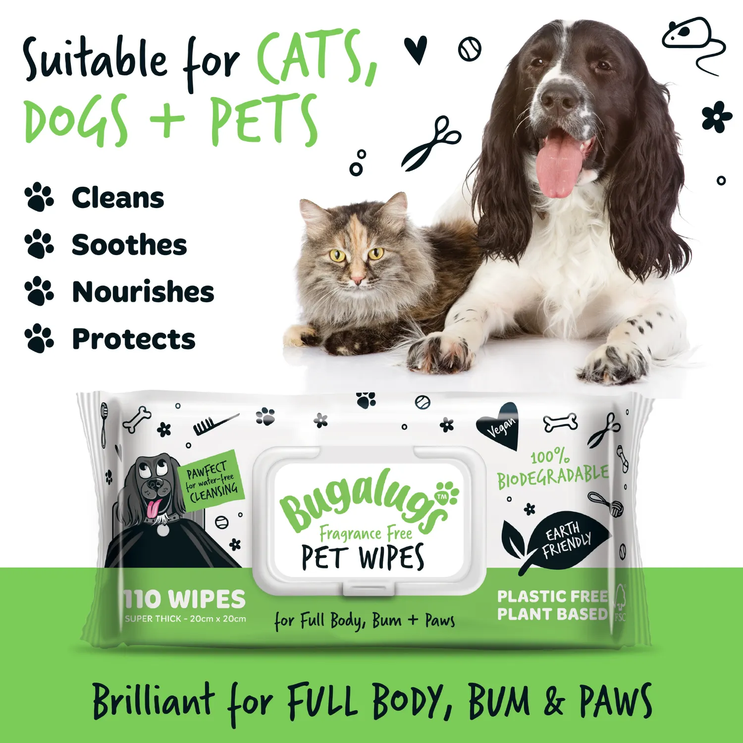 Fragrance Free Pet Wipes for Full Body, Bum & Paws (110)
