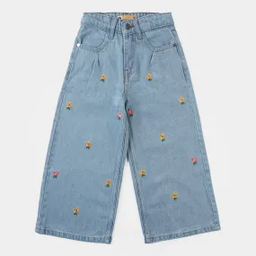 Girls Denim Stretch Culotte Floral Embroidered-Ice Blue