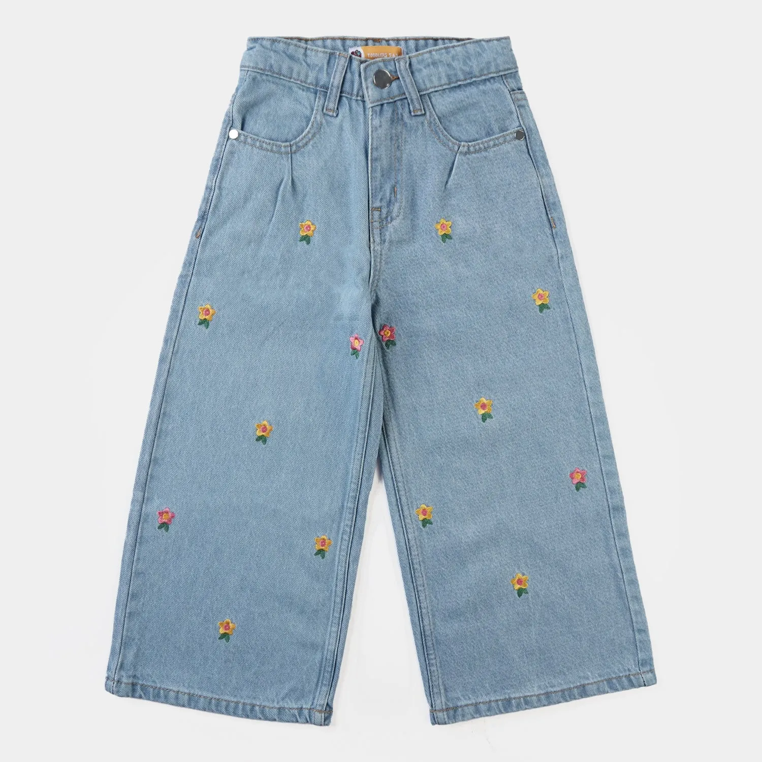 Girls Denim Stretch Culotte Floral Embroidered-Ice Blue