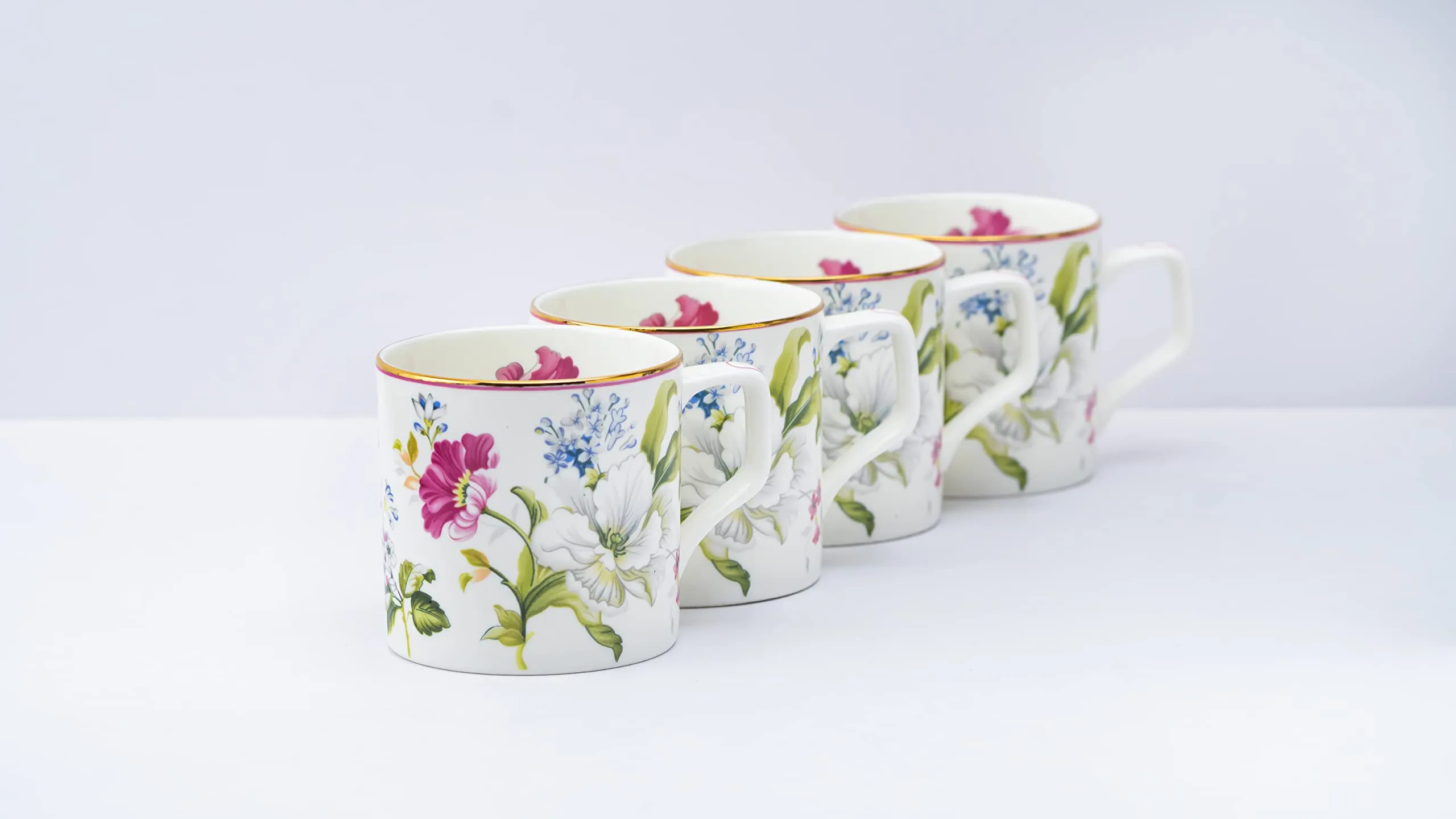 GOLDEN QUEEN'S Tea And Coffee Mugs - Set Of 6 (Pink & White Gold Line) - Bone China, 220 Milliliter