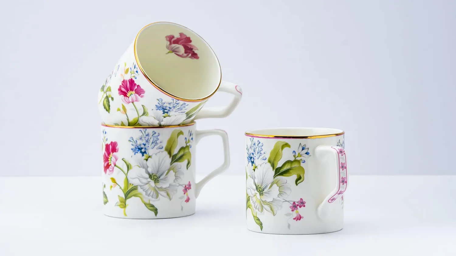 GOLDEN QUEEN'S Tea And Coffee Mugs - Set Of 6 (Pink & White Gold Line) - Bone China, 220 Milliliter