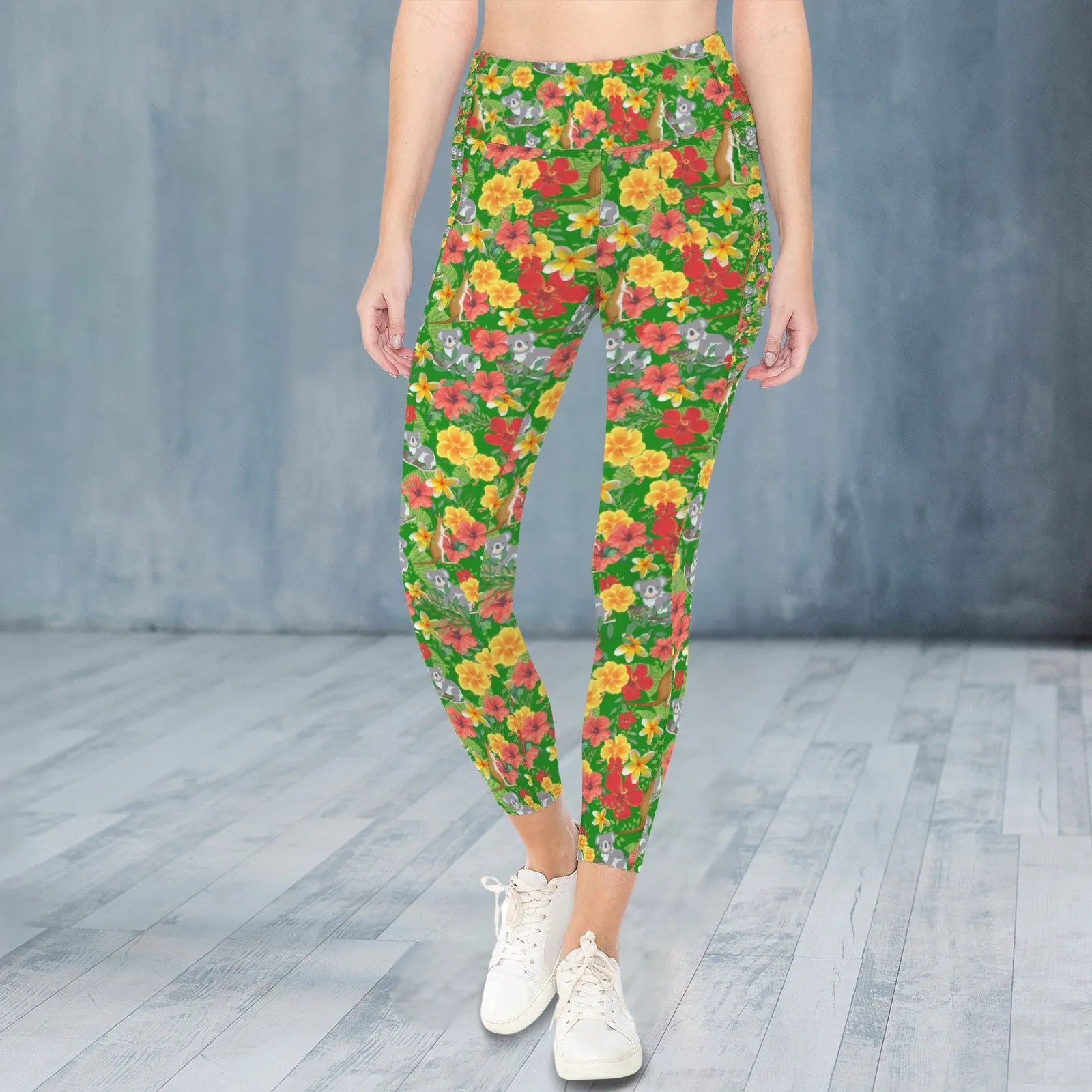 Hawaiian Australian Green Leggings with Pockets up to 5 XL (FWS)