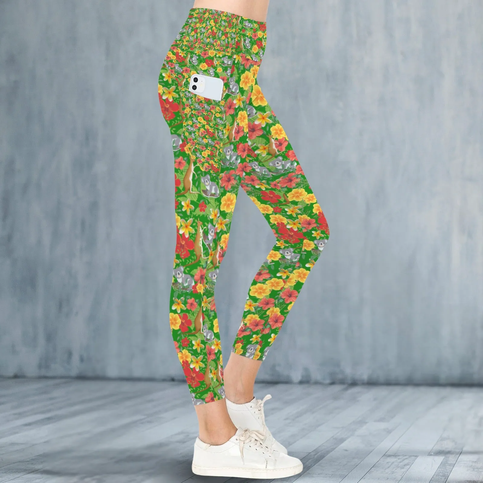 Hawaiian Australian Green Leggings with Pockets up to 5 XL (FWS)
