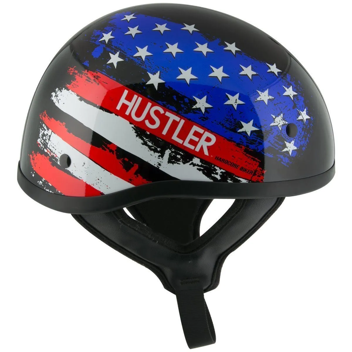 Hustler DOT HT-1 Flag Black Glossy Motorcycle Skull Cap Half Helmet