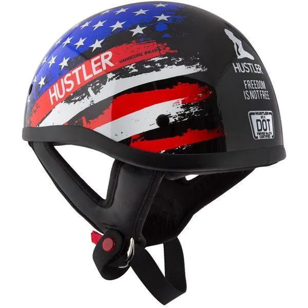 Hustler DOT HT-1 Flag Black Glossy Motorcycle Skull Cap Half Helmet