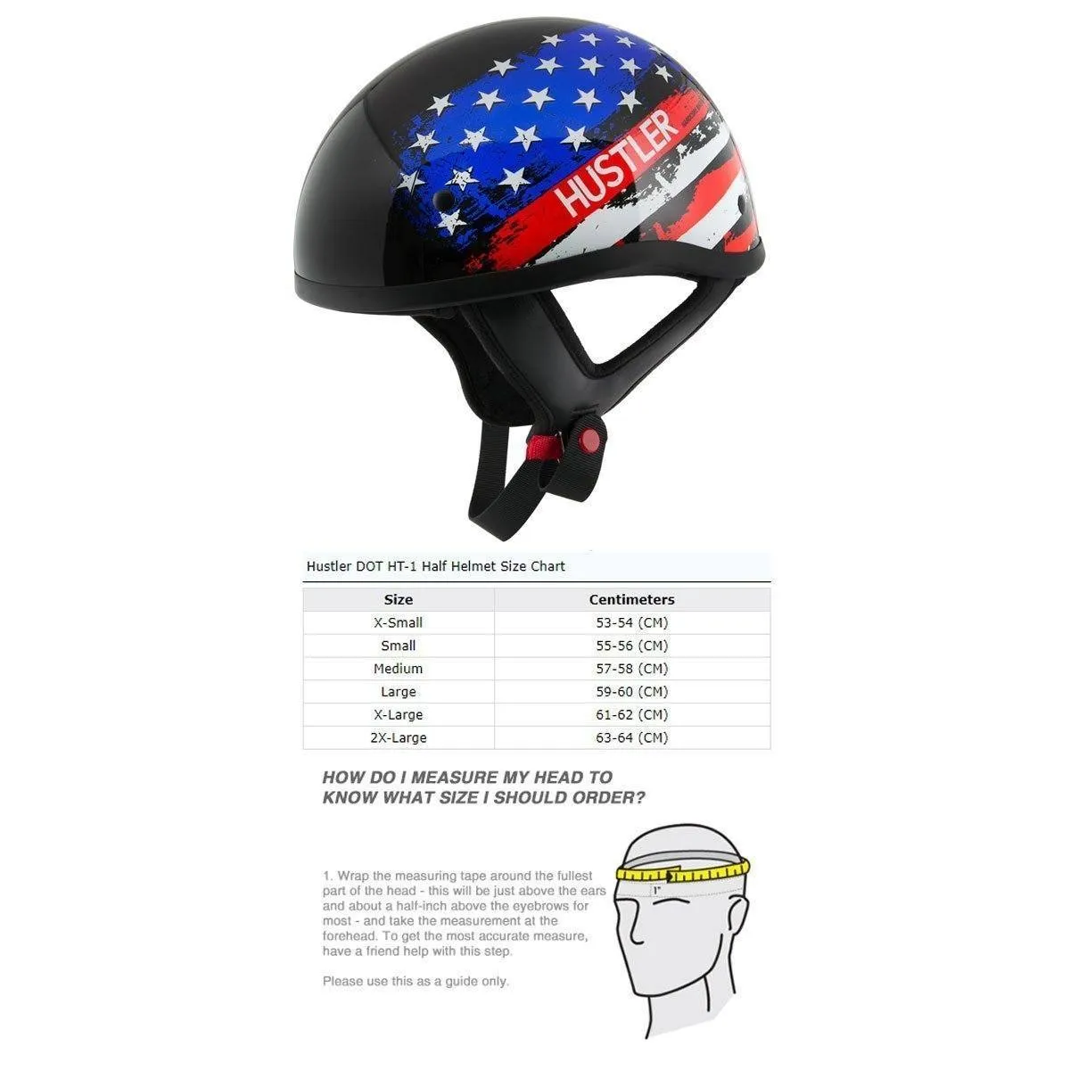 Hustler DOT HT-1 Flag Black Glossy Motorcycle Skull Cap Half Helmet