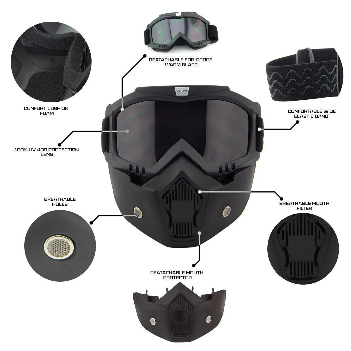 Hustler DOT HT-1 Ride Hard Dark Gray Glossy Skull Cap Helmet with Outlaw 50 'Nemesis' Vintage Face Mask