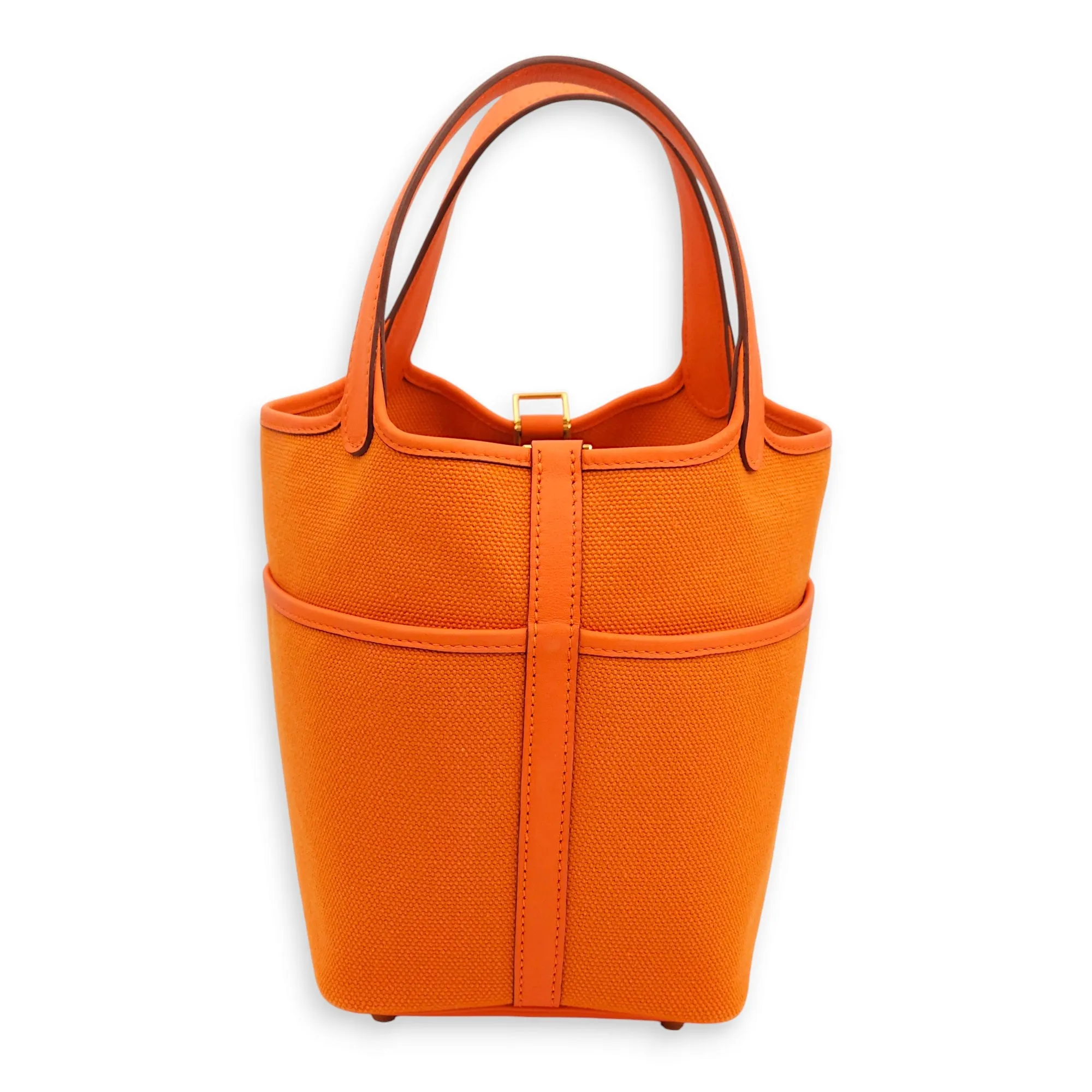 Picotin Pocket Lock 18 Orange in Swift/Toile, Gold hardware